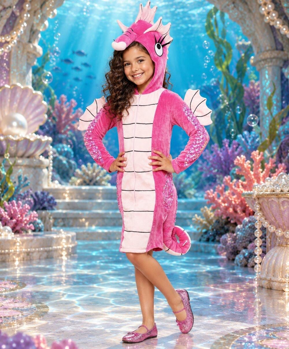 Pink Seahorse Costume With Hood sequined sparkle halloween Little Mermaid Sz 6-7